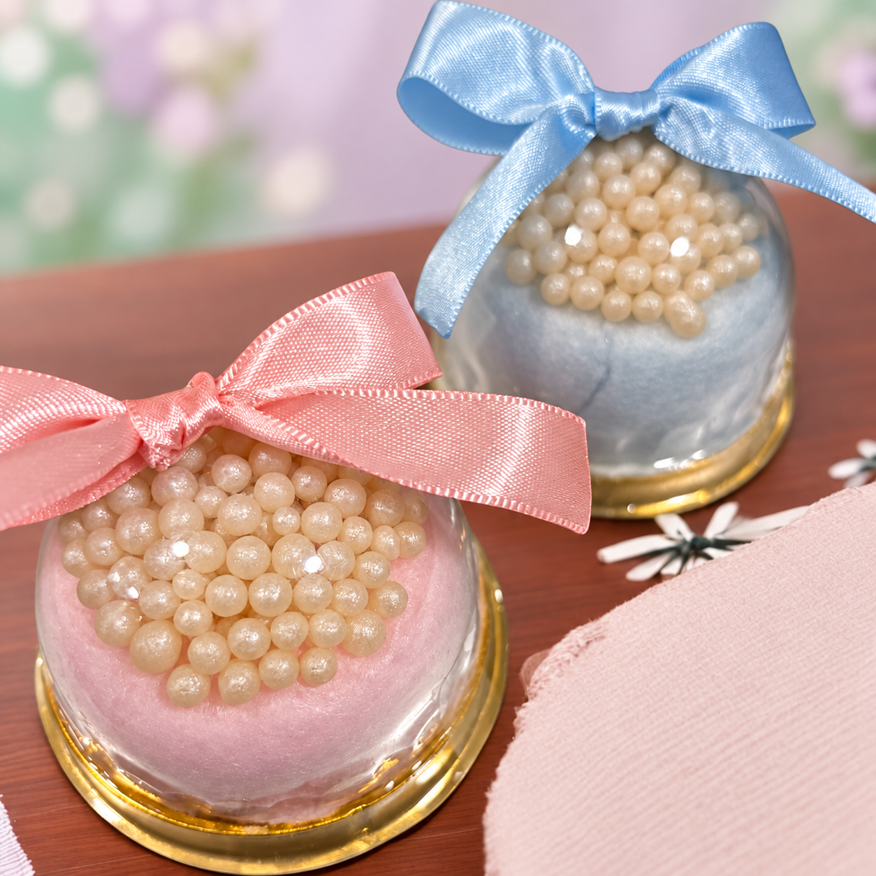 Dois mini-cakes de algodão-doce com laços rosa e azul e decoração de pérolas